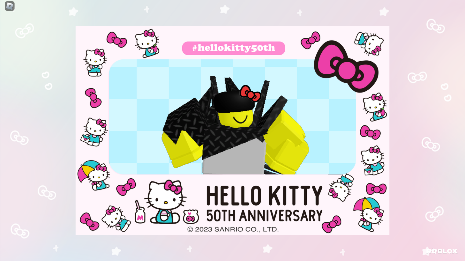 Hello Kitty 50th Anniversary featuring Shard from Roblox Battle as a Roblox avatar with the trans colored katanas and Hello Kitty's hair bow.