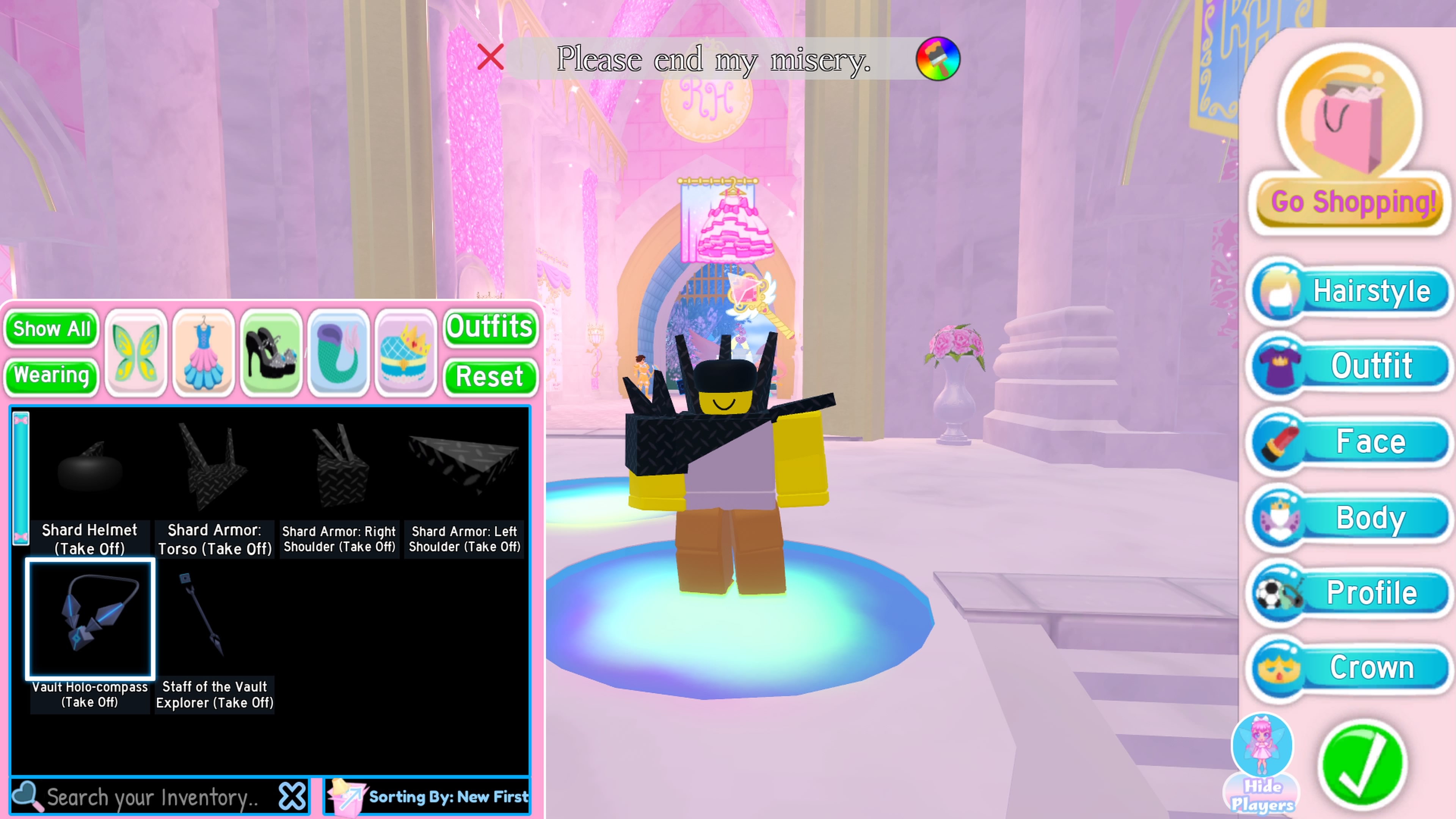 Shard avatar (different back item, a staff with the roblox cube) in the Royale High Avatar editor. Outfit name is 'Please end my misery.'