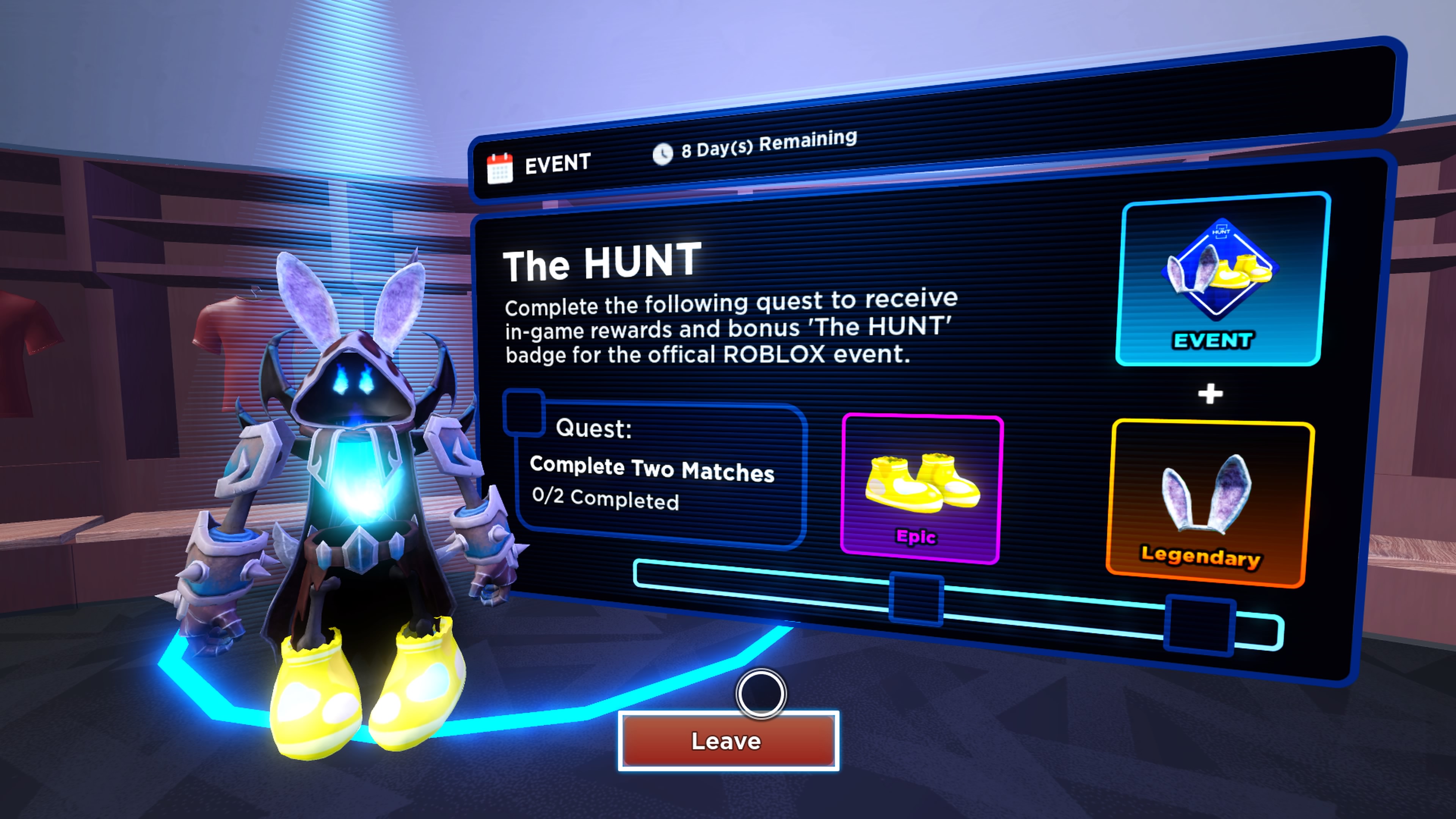 Korblox with bunny ears and big, egg themed shoes. The Board says 'Complete the following quest to receive in-game rewards and bonus 'The Hunt' badge for the official Roblox event.